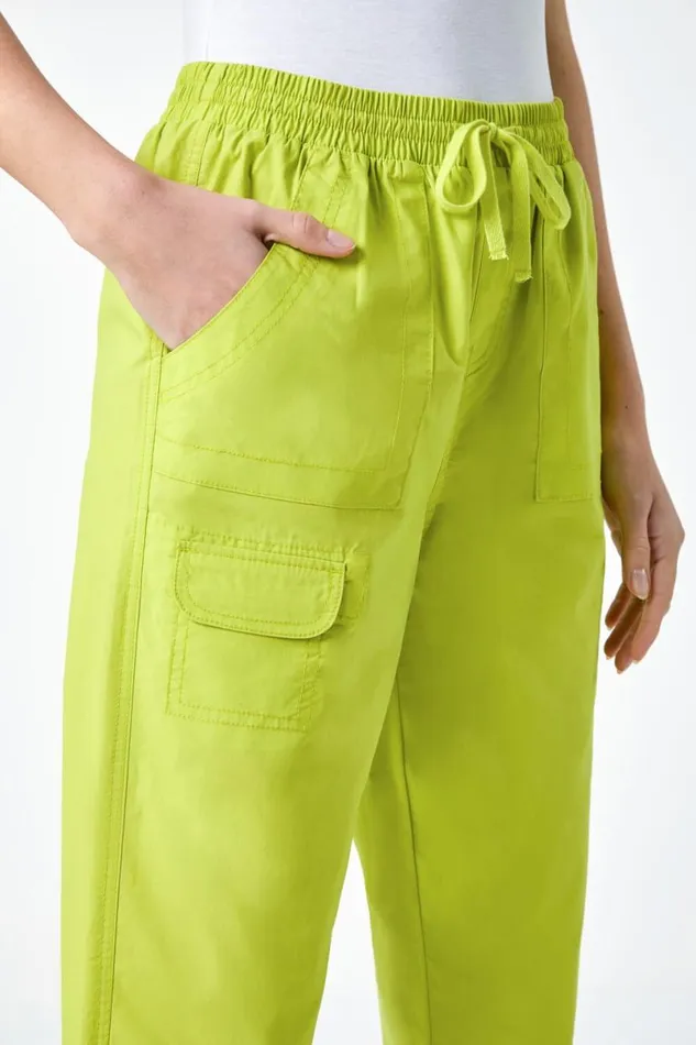 Lime Cotton Elastic Waist Cropped Cargo Trousers Women Roman Trousers