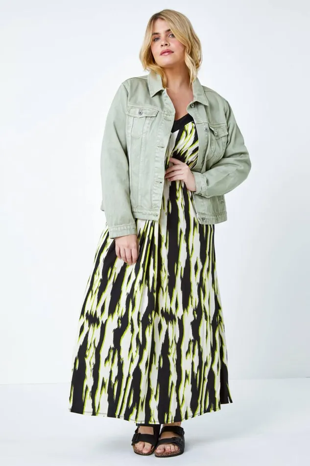 Lime Curve Contrast Print Stretch Midi Dress Women Roman Dresses