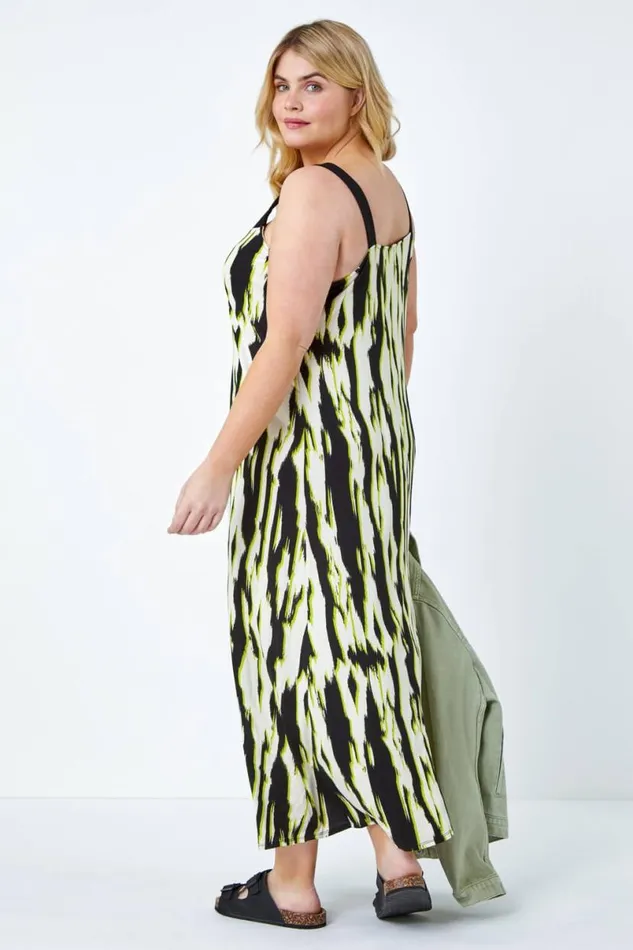 Lime Curve Contrast Print Stretch Midi Dress Women Roman Dresses