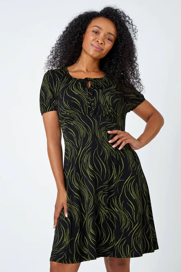 Lime Petite Abstract Print Tie Neck Dress Women Roman Dresses