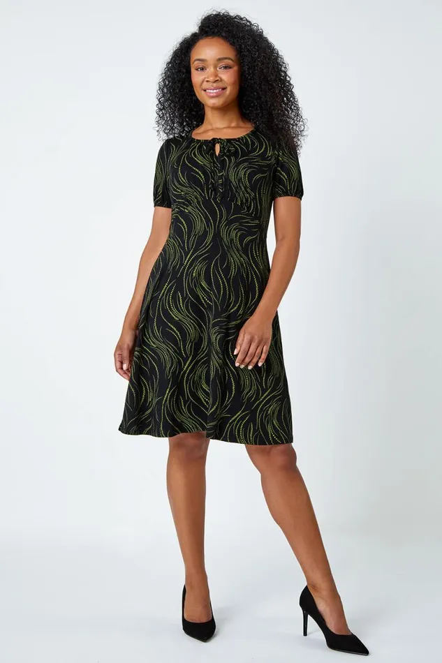 Lime Petite Abstract Print Tie Neck Dress Women Roman Dresses