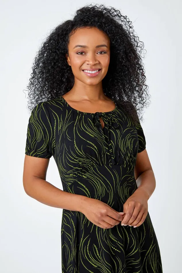 Lime Petite Abstract Print Tie Neck Dress Women Roman Dresses