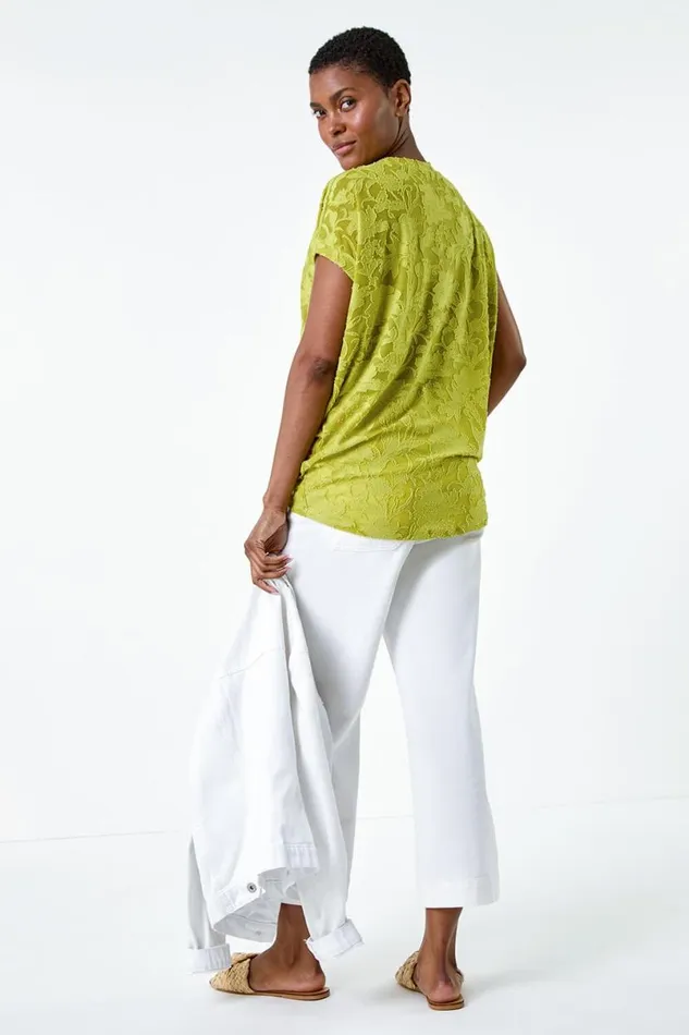 Lime Textured Floral Stretch Cocoon Top Women Roman Tops