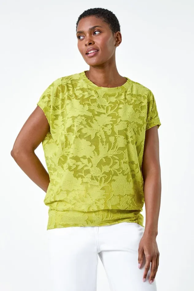 Lime Textured Floral Stretch Cocoon Top Women Roman Tops