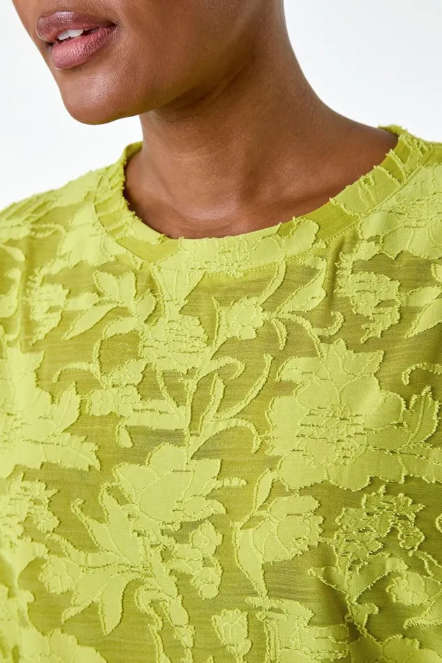 Lime Textured Floral Stretch Cocoon Top Women Roman Tops