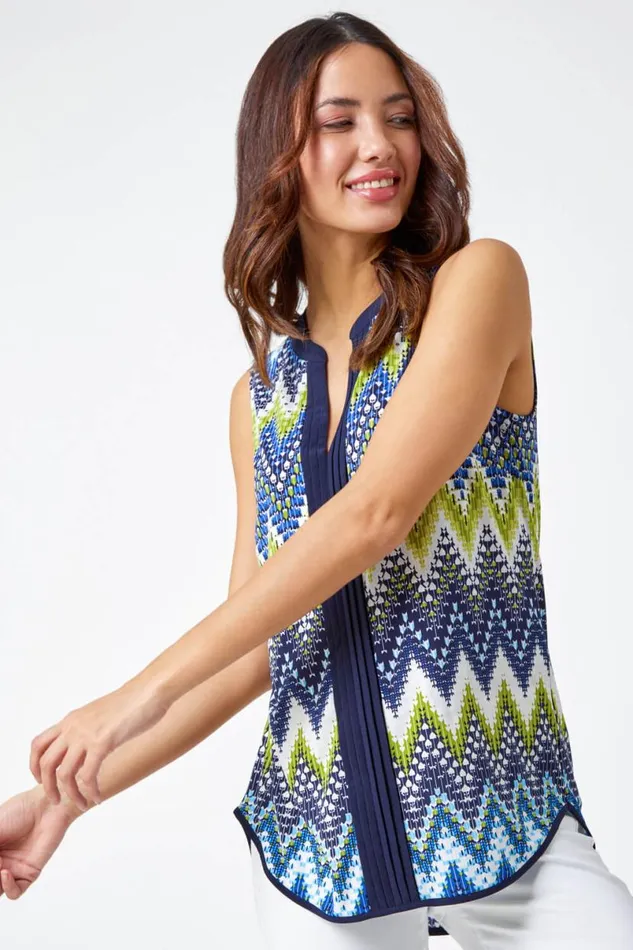 Lime Zig Zag Notch Neck Jersey Top Women Roman Tops