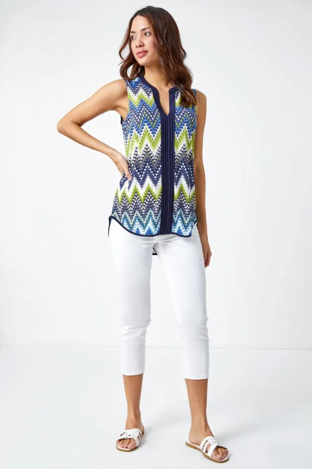 Lime Zig Zag Notch Neck Jersey Top Women Roman Tops