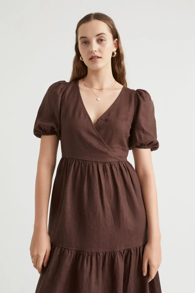 Linen Woman Seed Heritage Core Linen Cross Front Midi Dress Deep Raisin