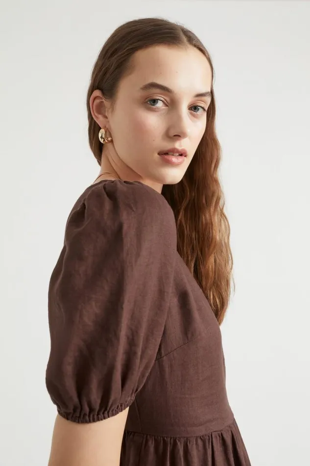Linen Woman Seed Heritage Core Linen Cross Front Midi Dress Deep Raisin