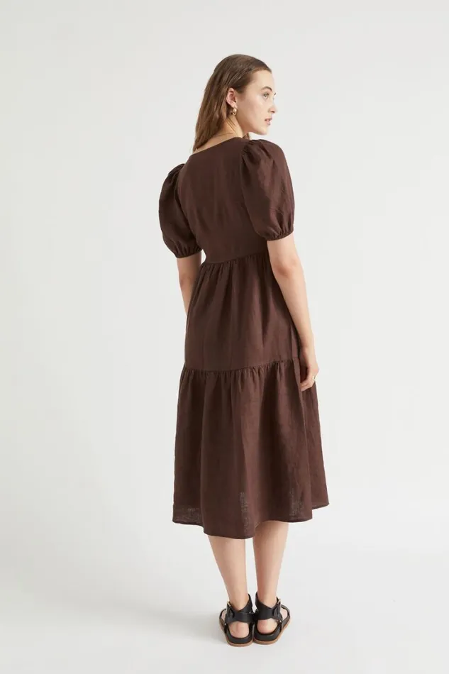 Linen Woman Seed Heritage Core Linen Cross Front Midi Dress Deep Raisin