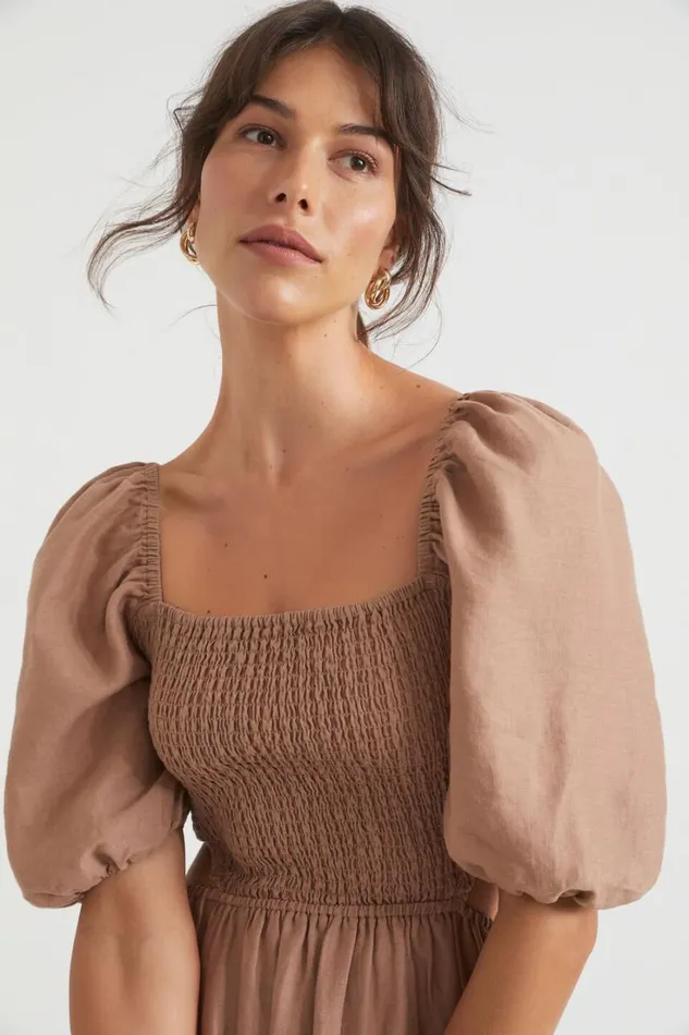 Linen Woman Seed Heritage Linen Cut Out Shirred Midi Dress Rose Taupe