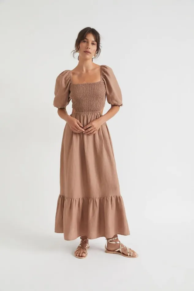 Linen Woman Seed Heritage Linen Cut Out Shirred Midi Dress Rose Taupe