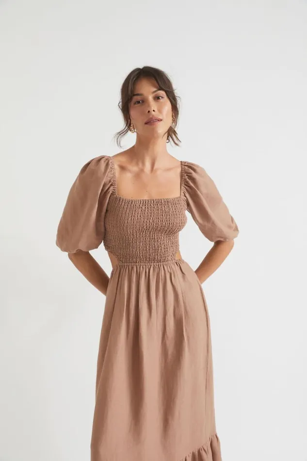Linen Woman Seed Heritage Linen Cut Out Shirred Midi Dress Rose Taupe