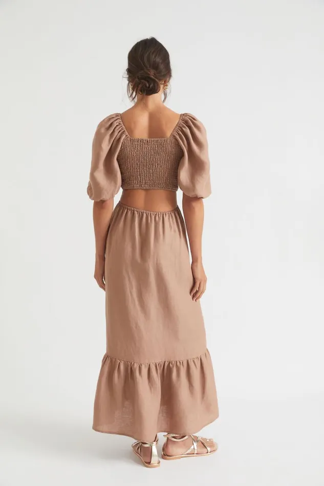 Linen Woman Seed Heritage Linen Cut Out Shirred Midi Dress Rose Taupe