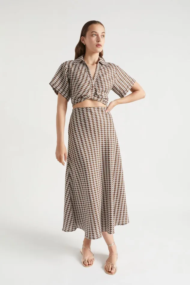 Linen Woman Seed Heritage Linen Geo Twist Front Shirt Pecan Brown Geo
