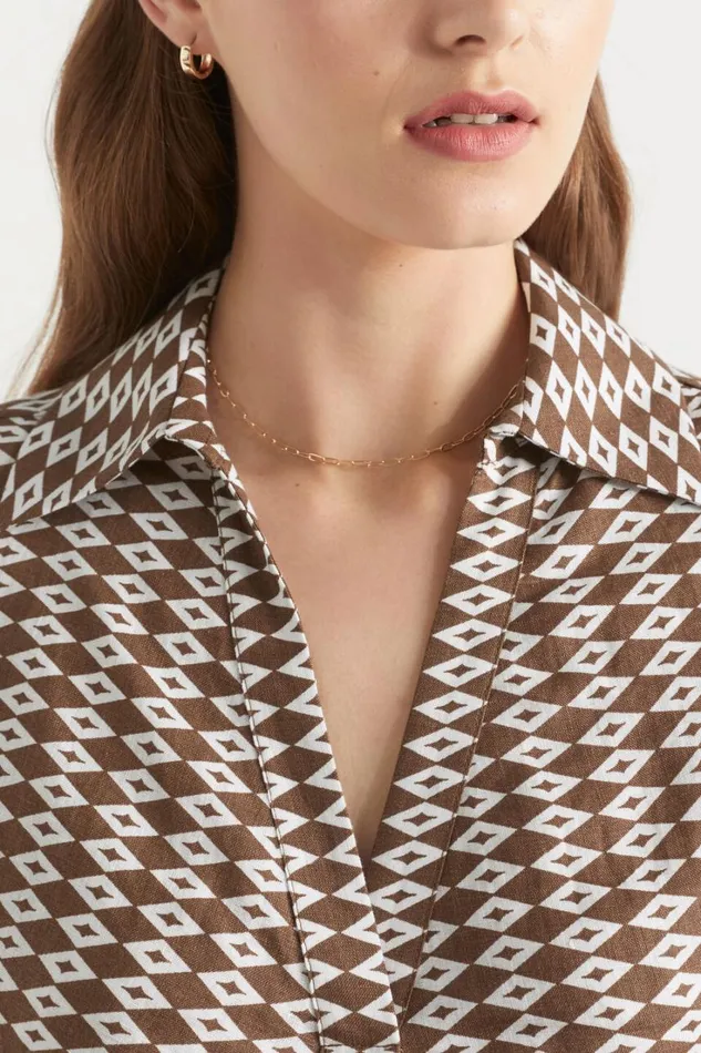 Linen Woman Seed Heritage Linen Geo Twist Front Shirt Pecan Brown Geo