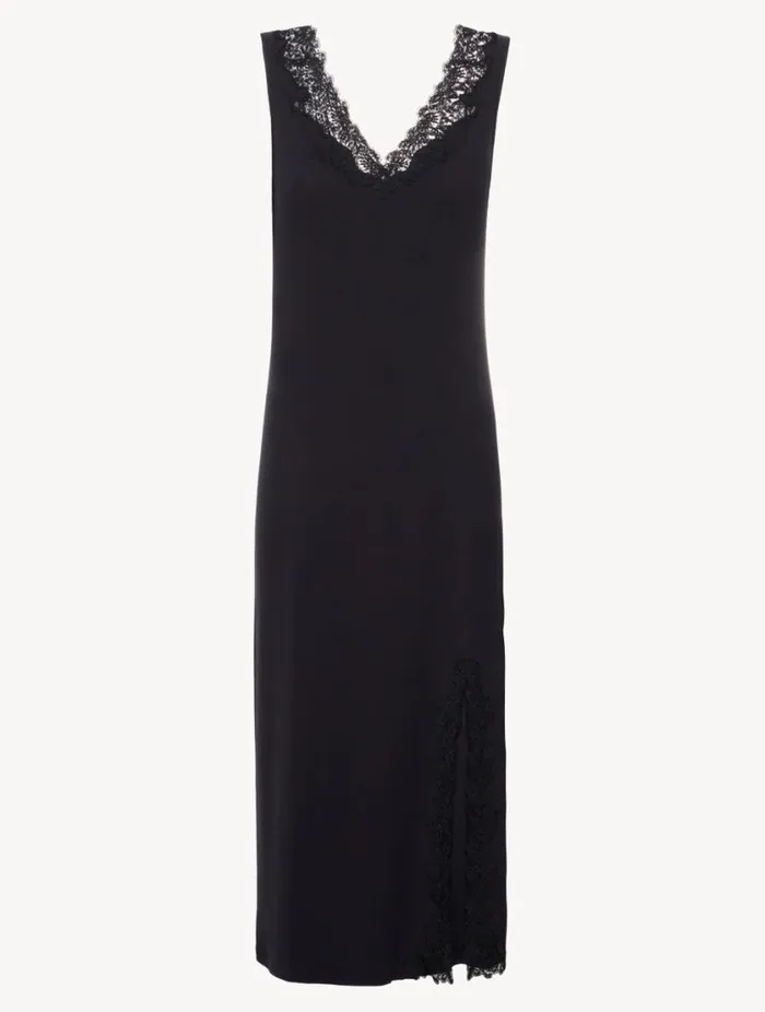 Long Cashmere Blend Ribbed Nightgown In Onyx With Frastaglio Sleepwear La Perla Pajamas
