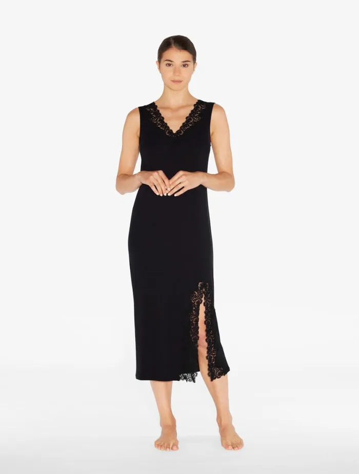 Long Cashmere Blend Ribbed Nightgown In Onyx With Frastaglio Sleepwear La Perla Pajamas