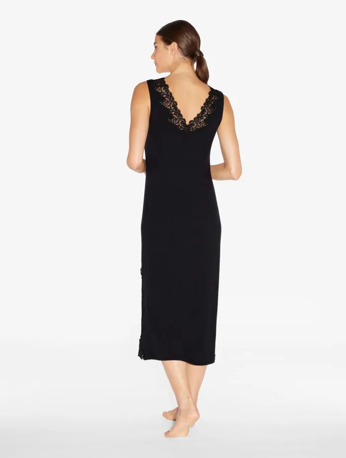 Long Cashmere Blend Ribbed Nightgown In Onyx With Frastaglio Sleepwear La Perla Pajamas