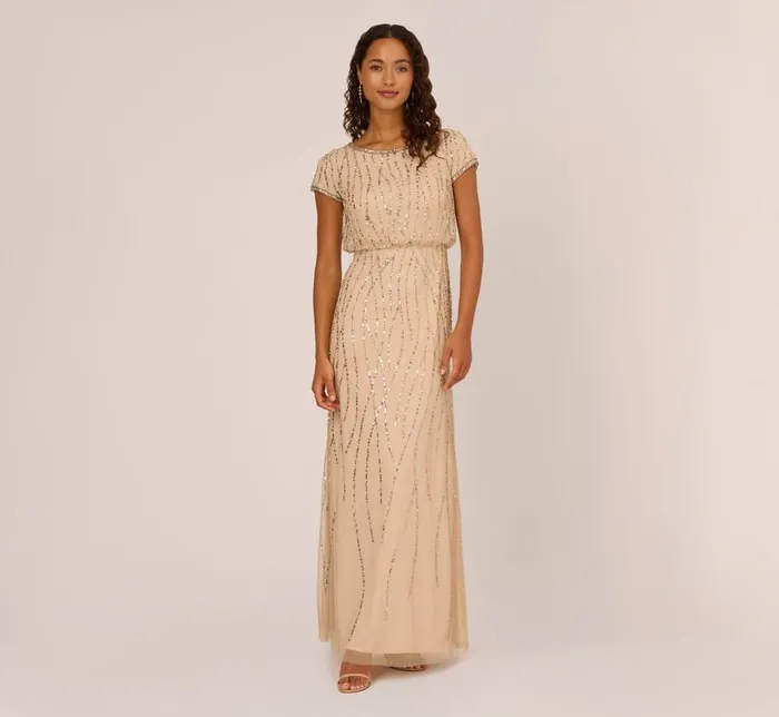 Long Dresses Womens Adrianna Papell HandBeaded Blouson Long Gown In Nude
