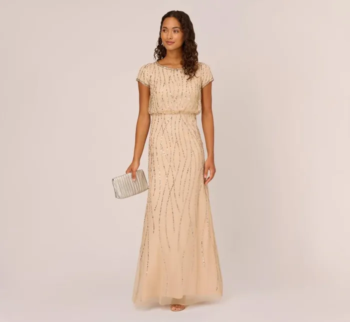 Long Dresses Womens Adrianna Papell HandBeaded Blouson Long Gown In Nude