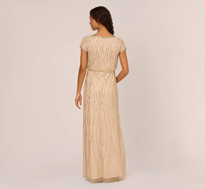 Long Dresses Womens Adrianna Papell HandBeaded Blouson Long Gown In Nude