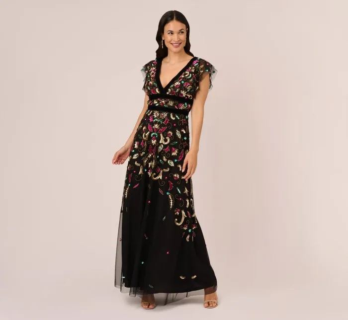 Long Dresses Womens Adrianna Papell Multicolor Floral Beaded Gown With Velvet Trim In Black Multi Long Dresses Womens Adrianna Papell Multicolor Floral Beaded Gown With Velvet Trim In Black Multi