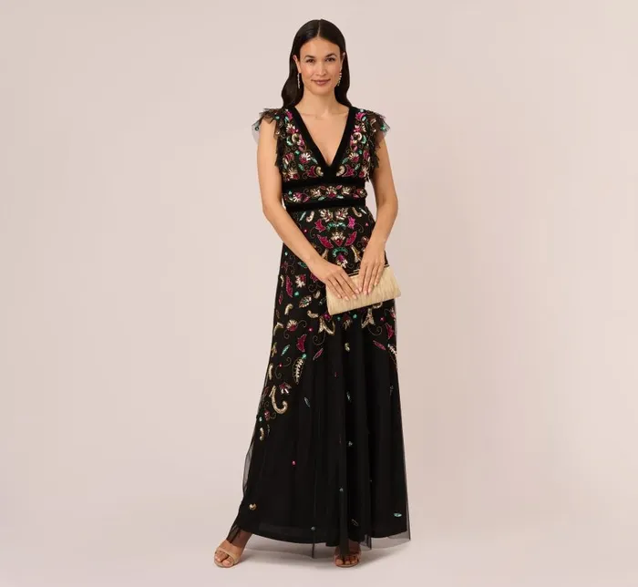 Long Dresses Womens Adrianna Papell Multicolor Floral Beaded Gown With Velvet Trim In Black Multi