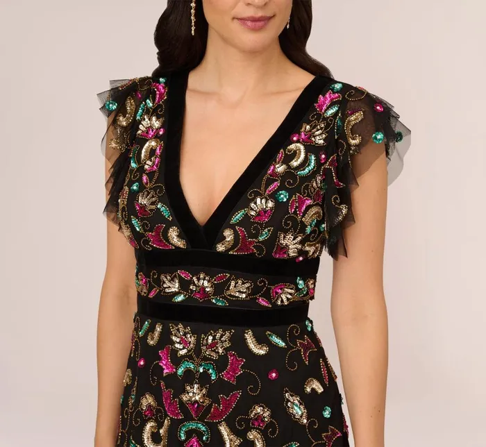 Long Dresses Womens Adrianna Papell Multicolor Floral Beaded Gown With Velvet Trim In Black Multi