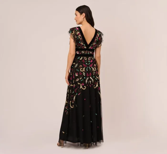 Long Dresses Womens Adrianna Papell Multicolor Floral Beaded Gown With Velvet Trim In Black Multi
