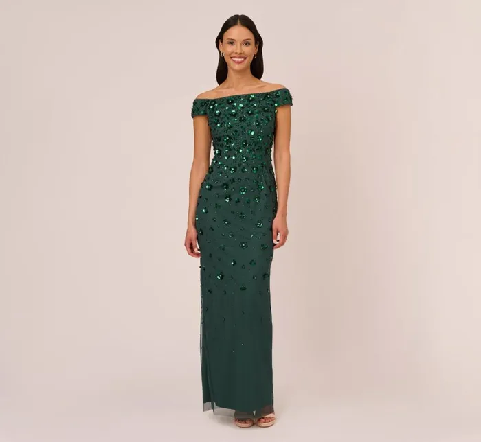 Long Dresses Womens Adrianna Papell Off Shoulder Dress With Floral Embellishment In Dusty Emerald Long Dresses Womens Adrianna Papell Off Shoulder Dress With Floral Embellishment In Dusty Emerald