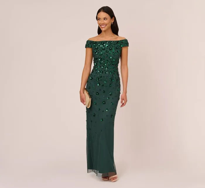 Long Dresses Womens Adrianna Papell Off Shoulder Dress With Floral Embellishment In Dusty Emerald