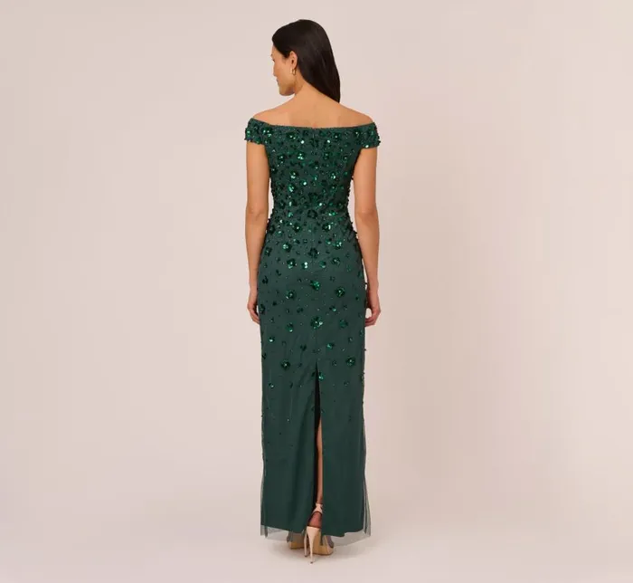 Long Dresses Womens Adrianna Papell Off Shoulder Dress With Floral Embellishment In Dusty Emerald