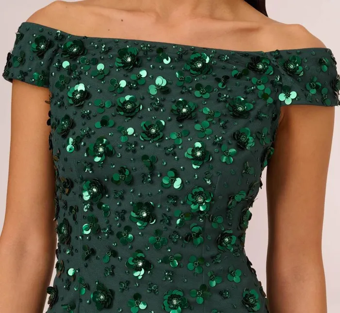 Long Dresses Womens Adrianna Papell Off Shoulder Dress With Floral Embellishment In Dusty Emerald