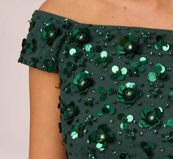 Long Dresses Womens Adrianna Papell Off Shoulder Dress With Floral Embellishment In Dusty Emerald