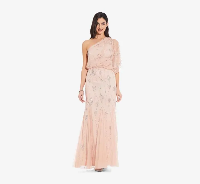 Long Dresses Womens Adrianna Papell One Shoulder Beaded Gown In Blush