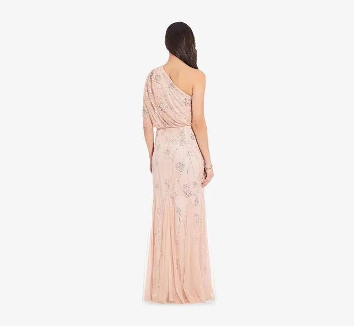 Long Dresses Womens Adrianna Papell One Shoulder Beaded Gown In Blush
