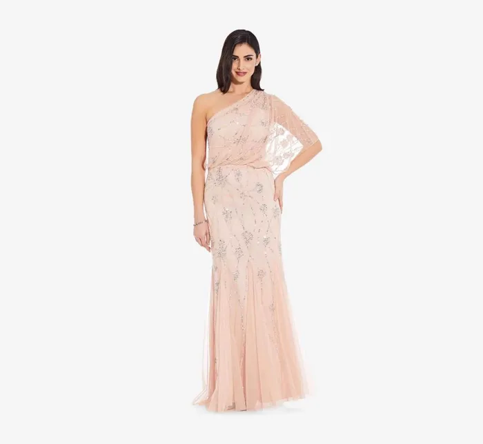 Long Dresses Womens Adrianna Papell One Shoulder Beaded Gown In Blush