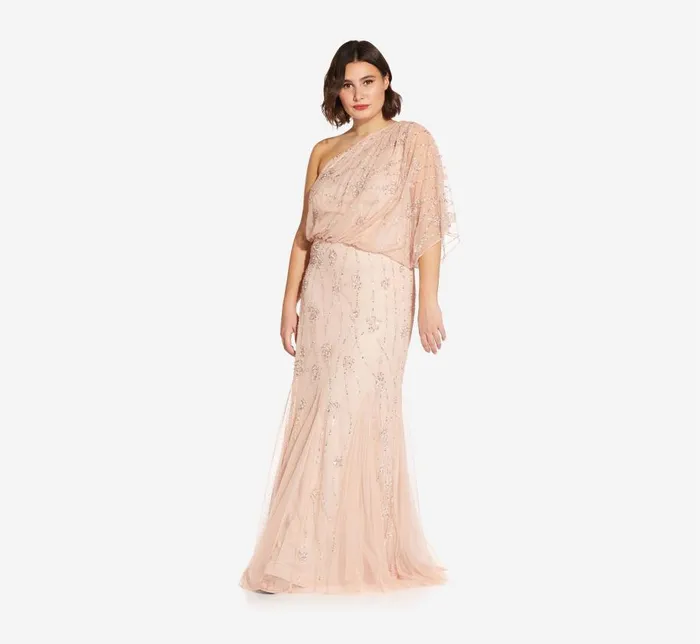 Long Dresses Womens Adrianna Papell One Shoulder Beaded Gown In Blush