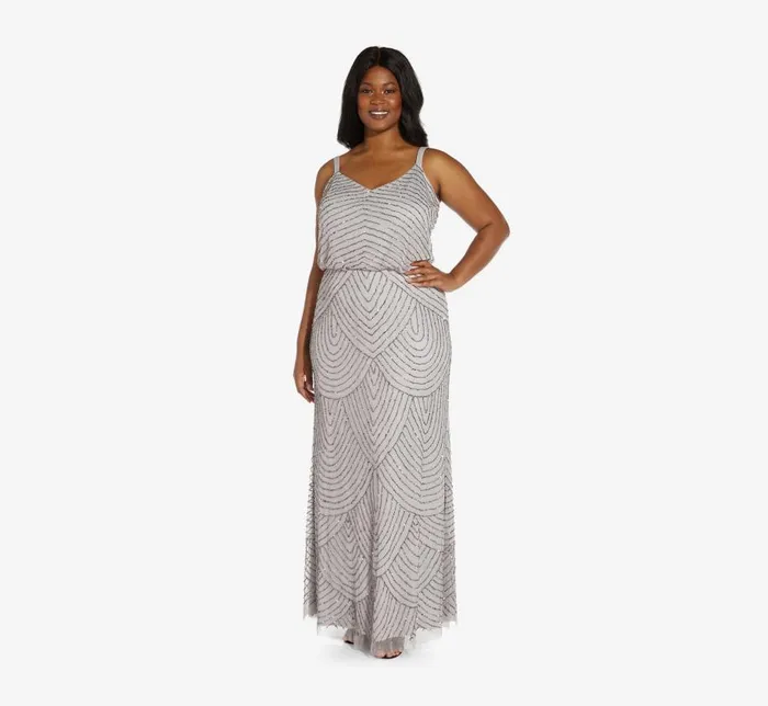 Long Dresses Womens Adrianna Papell Plus Size Art Deco Beaded Blouson Gown In Bridal Silver