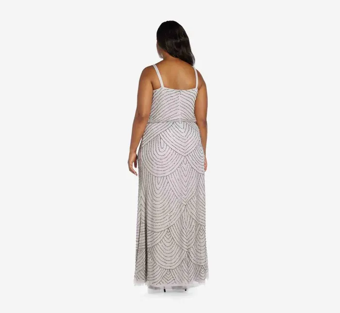Long Dresses Womens Adrianna Papell Plus Size Art Deco Beaded Blouson Gown In Bridal Silver