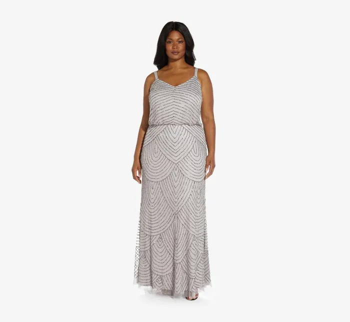 Long Dresses Womens Adrianna Papell Plus Size Art Deco Beaded Blouson Gown In Bridal Silver