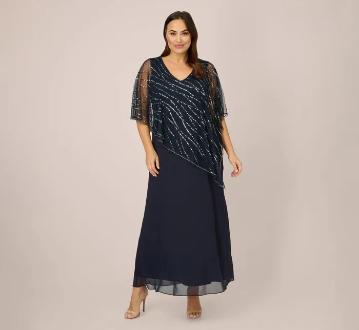 Long Dresses Womens Adrianna Papell Plus Size HandBeaded Popover Long Dress In Midnight