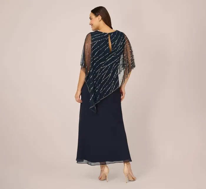 Long Dresses Womens Adrianna Papell Plus Size HandBeaded Popover Long Dress In Midnight
