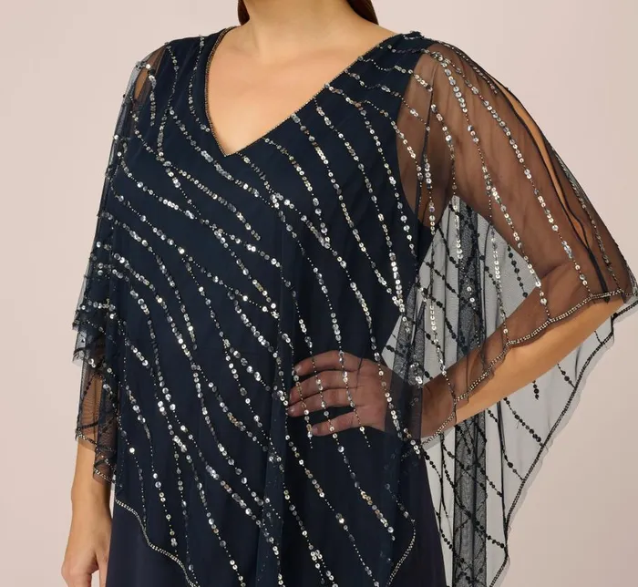 Long Dresses Womens Adrianna Papell Plus Size HandBeaded Popover Long Dress In Midnight