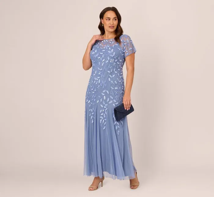Long Dresses Womens Adrianna Papell Plus Size Hand Beaded Short Sleeve Floral Godet Gown In French Blue