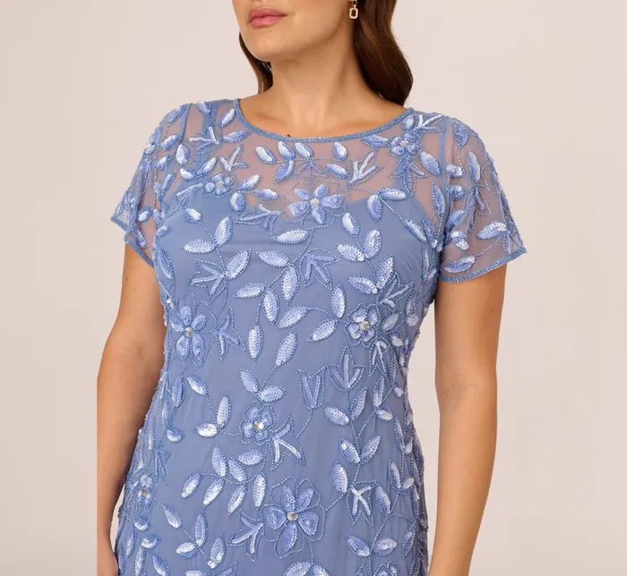 Long Dresses Womens Adrianna Papell Plus Size Hand Beaded Short Sleeve Floral Godet Gown In French Blue