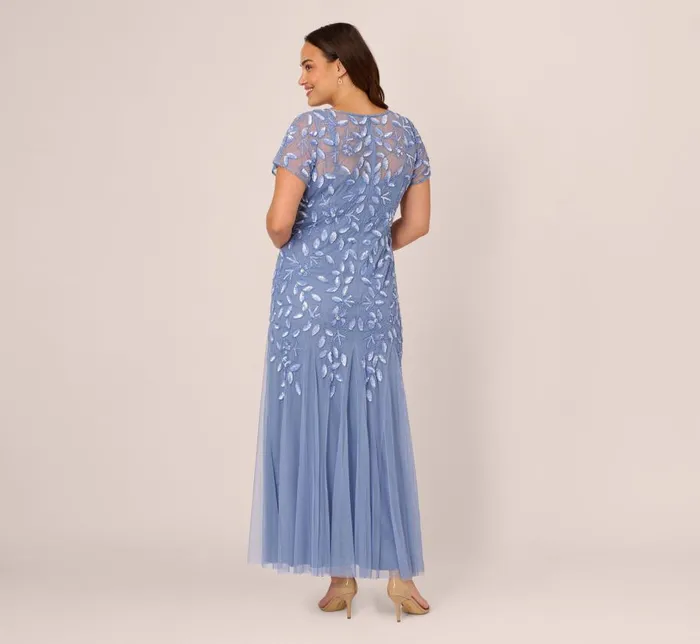 Long Dresses Womens Adrianna Papell Plus Size Hand Beaded Short Sleeve Floral Godet Gown In French Blue