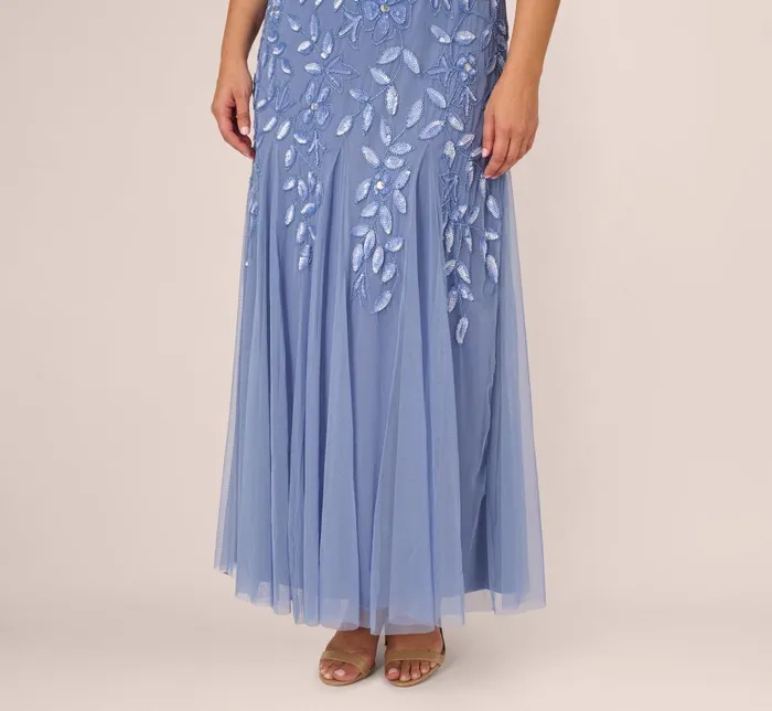 Long Dresses Womens Adrianna Papell Plus Size Hand Beaded Short Sleeve Floral Godet Gown In French Blue