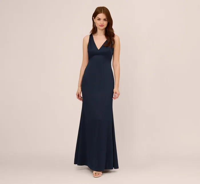 Long Dresses Womens Adrianna Papell Satin Crepe Mermaid Gown With Lace Accent Cowl Back In Dark Navy Long Dresses Womens Adrianna Papell Satin Crepe Mermaid Gown With Lace Accent Cowl Back In Dark Navy